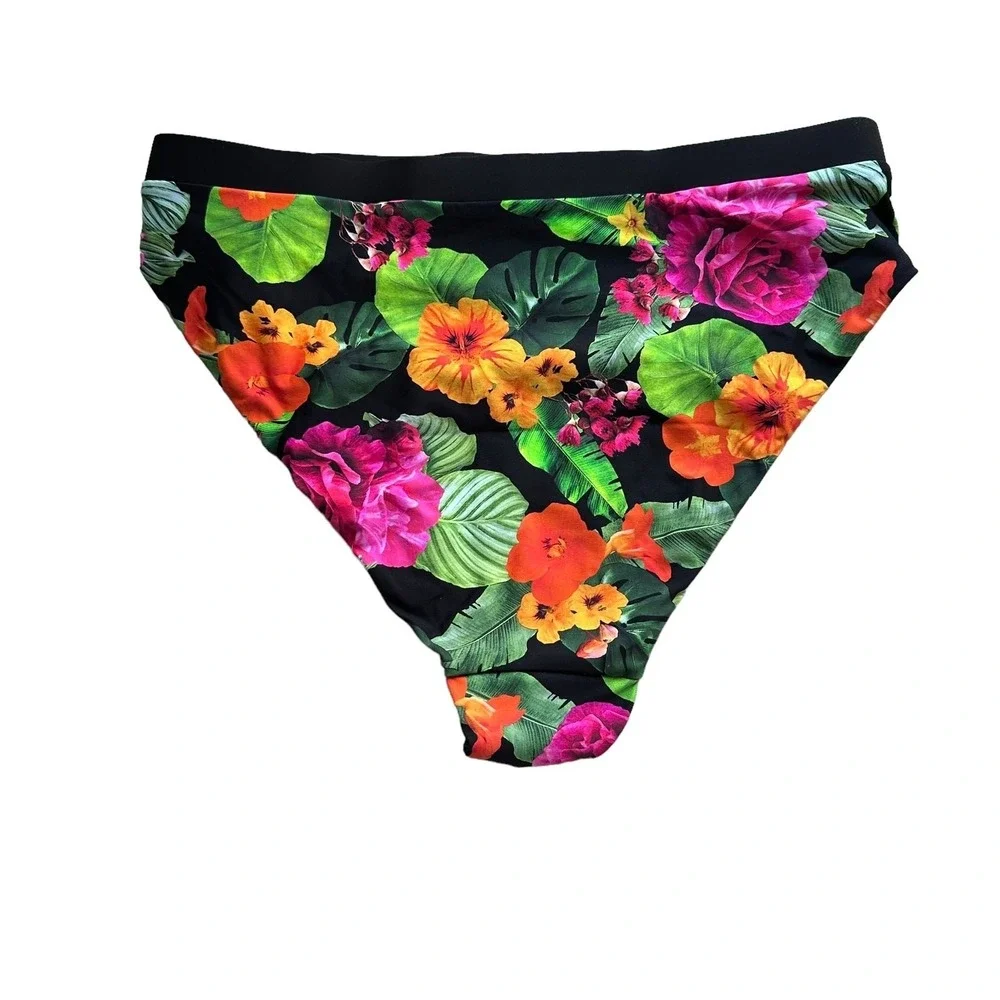 andie swim the banded cheeky bottom in black and pink floral, women size medium